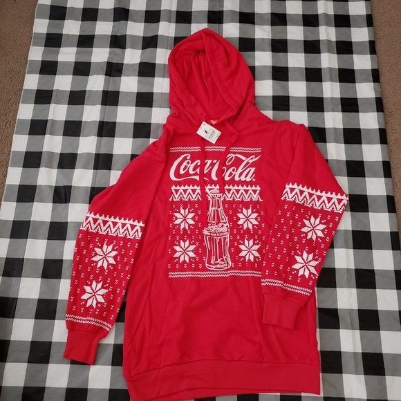 Coca-Cola Women's Holiday Long Sleeve Hooded Graphic Sweatshirt Dress Red - Picture 8 of 9